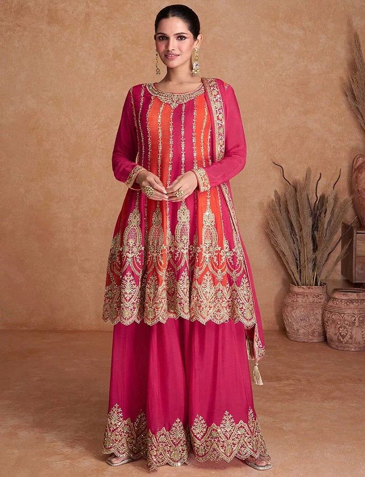 Women's Pink and Orange Color Traditional Chinon Embroidered Stitched Kurta Palazzo Set With Embroidered Dupatta