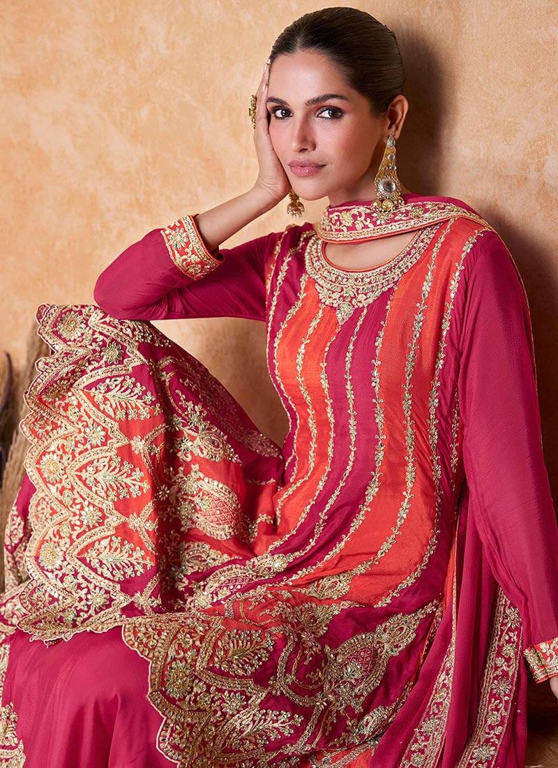 Women's Pink and Orange Color Traditional Chinon Embroidered Stitched Kurta Palazzo Set With Embroidered Dupatta