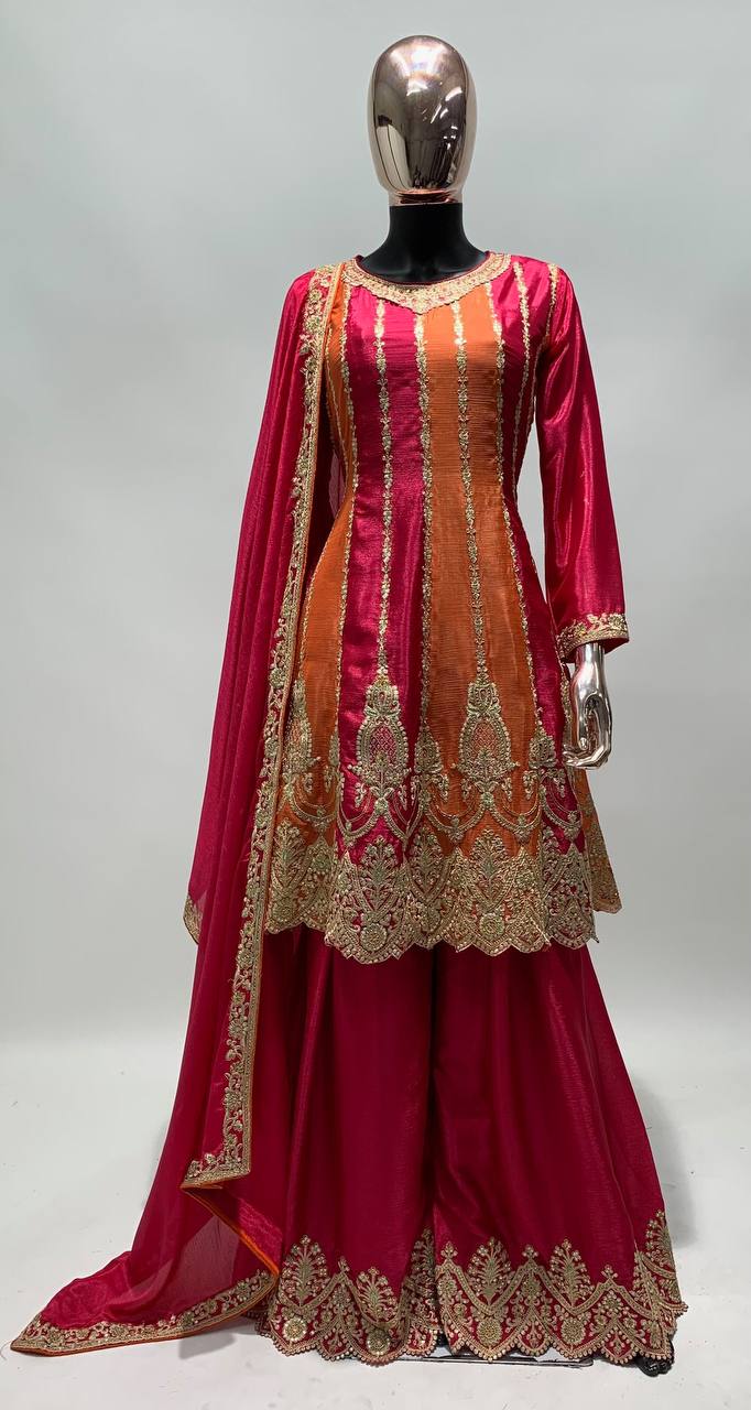 Women's Pink and Orange Color Traditional Chinon Embroidered Stitched Kurta Palazzo Set With Embroidered Dupatta