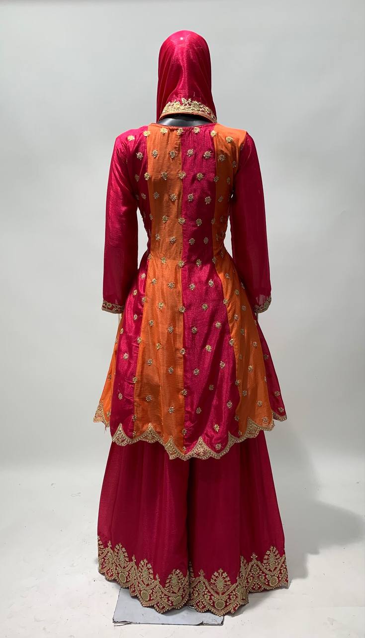 Women's Pink and Orange Color Traditional Chinon Embroidered Stitched Kurta Palazzo Set With Embroidered Dupatta