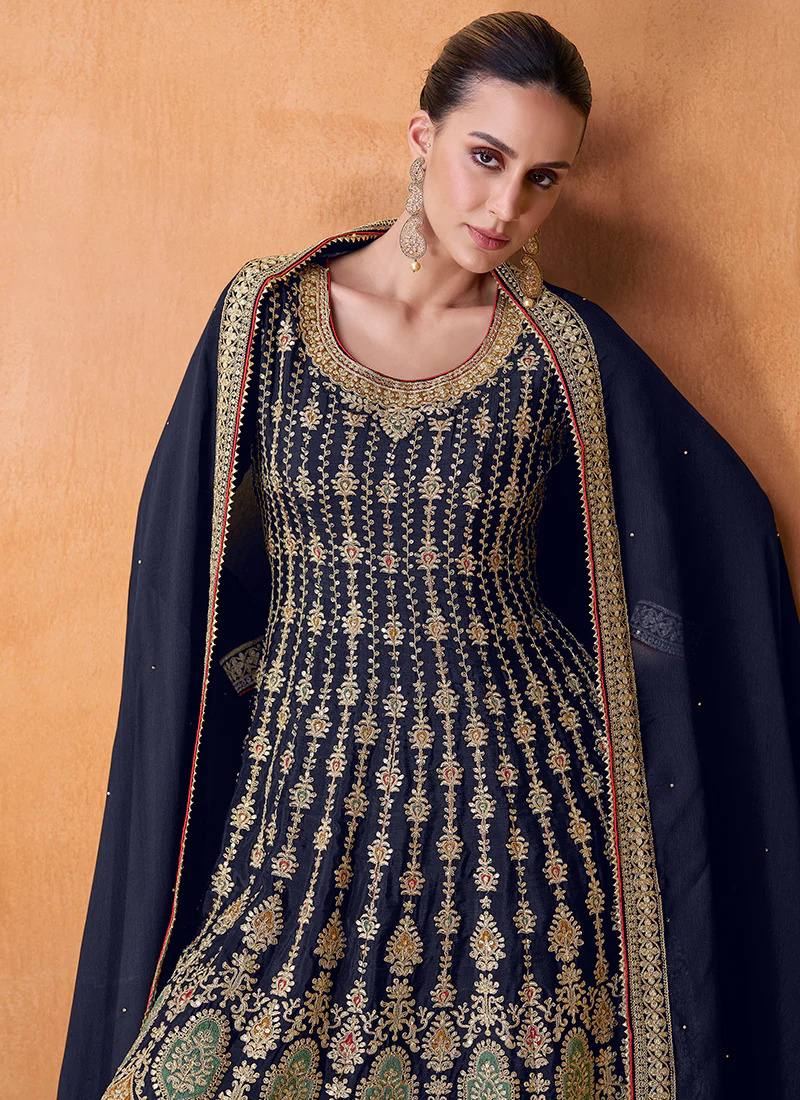 Navy Blue Color Festive Wear Embroidered Palazzo Salwar Suit In Georgette Fabric