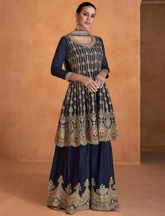 Navy Blue Color Festive Wear Embroidered Palazzo Salwar Suit In Georgette Fabric