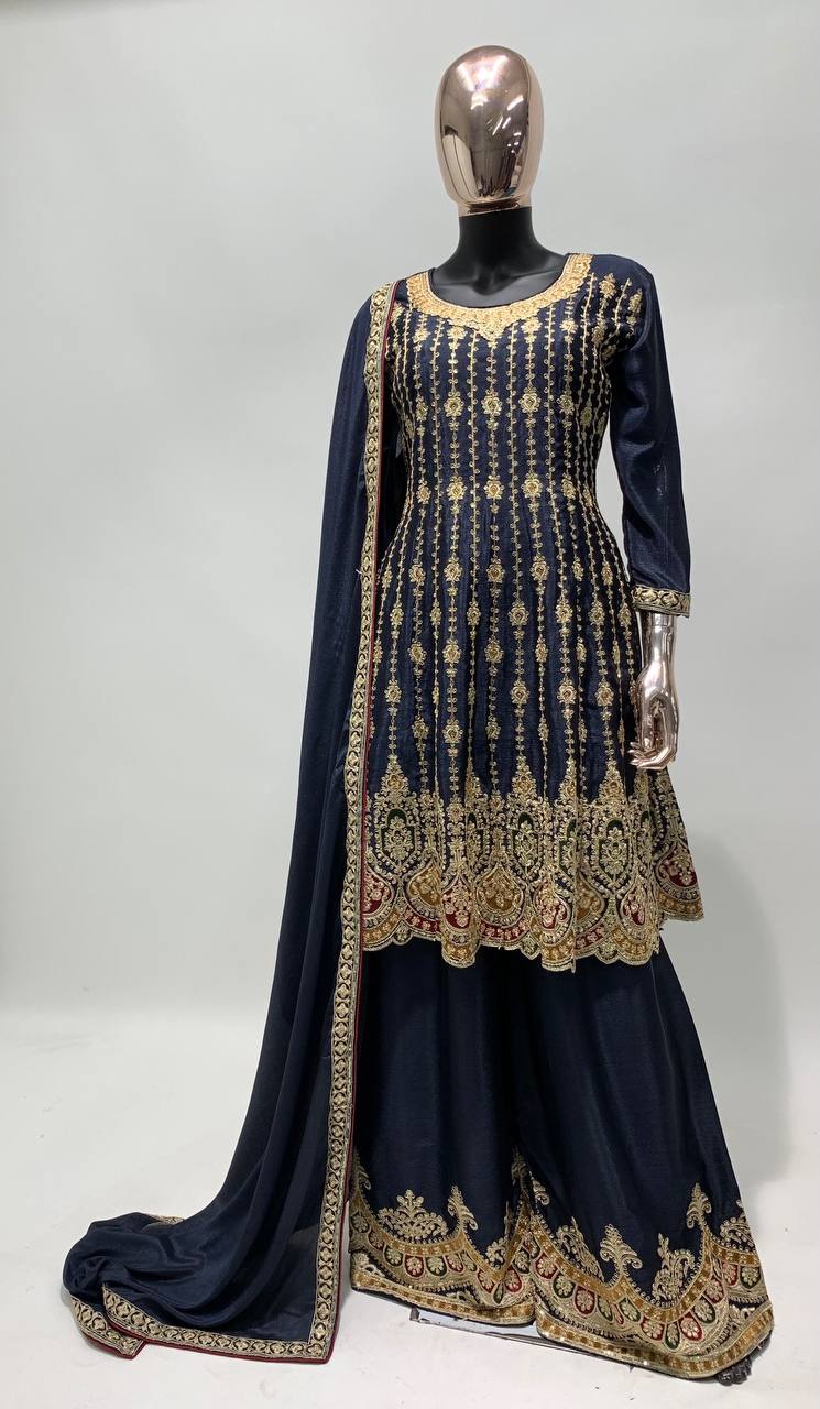 Navy Blue Color Festive Wear Embroidered Palazzo Salwar Suit In Georgette Fabric