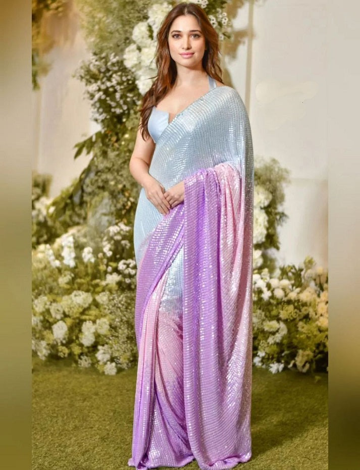 3 Color Combination Digital Pedding Georgette Heavy Dual Sequins Embroidered Saree For Women's