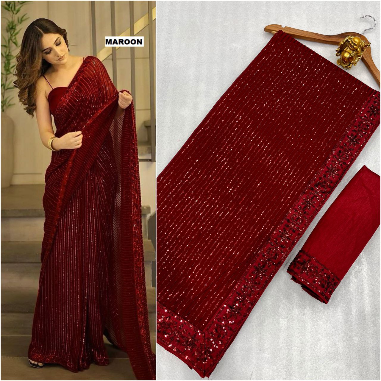 Red Color Party Wear Georgette Heavy Sequence Work Wedding Function Wear Saree For Women & Girls