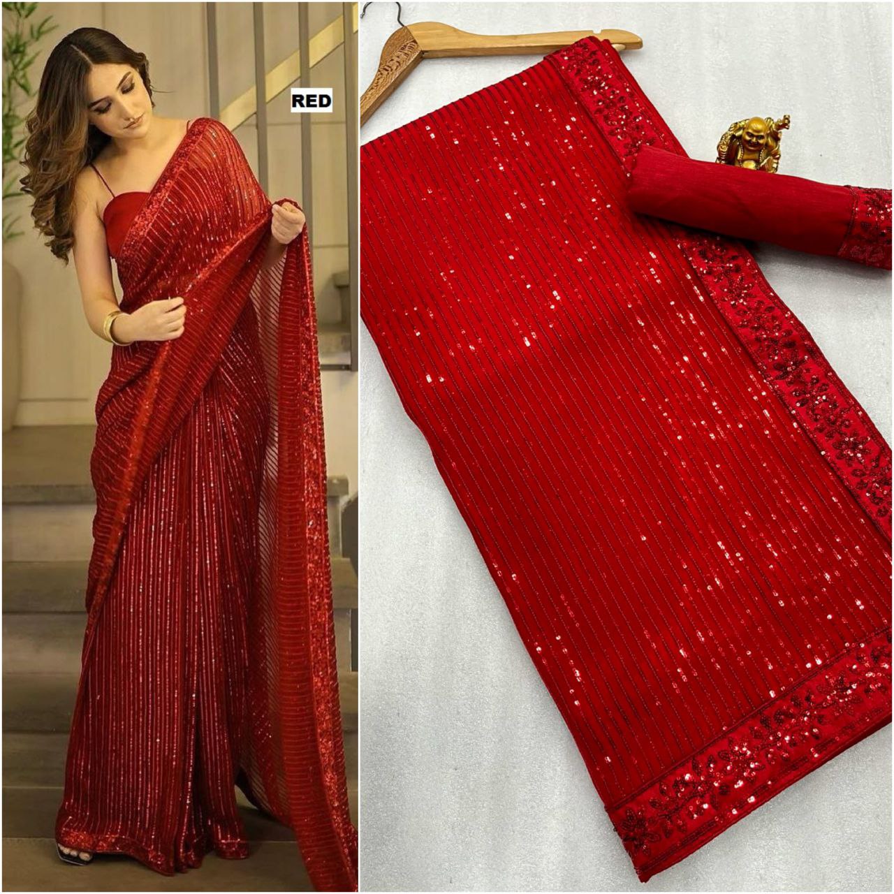 Red Color Party Wear Georgette Heavy Sequence Work Wedding Function Wear Saree For Women & Girls