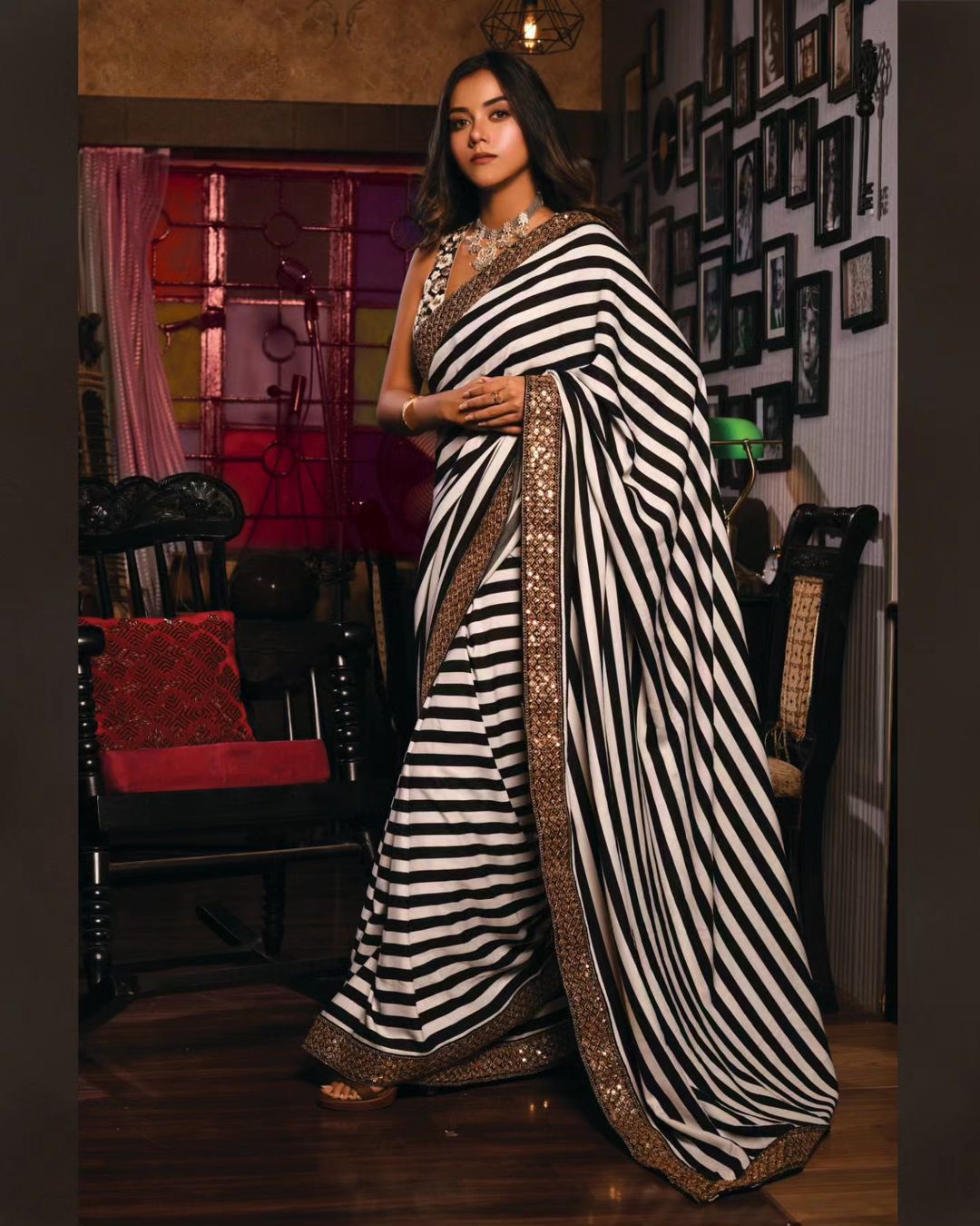 Premium Soft Faux Georgette Black and White Lining Zebra Print Saree with Blouse