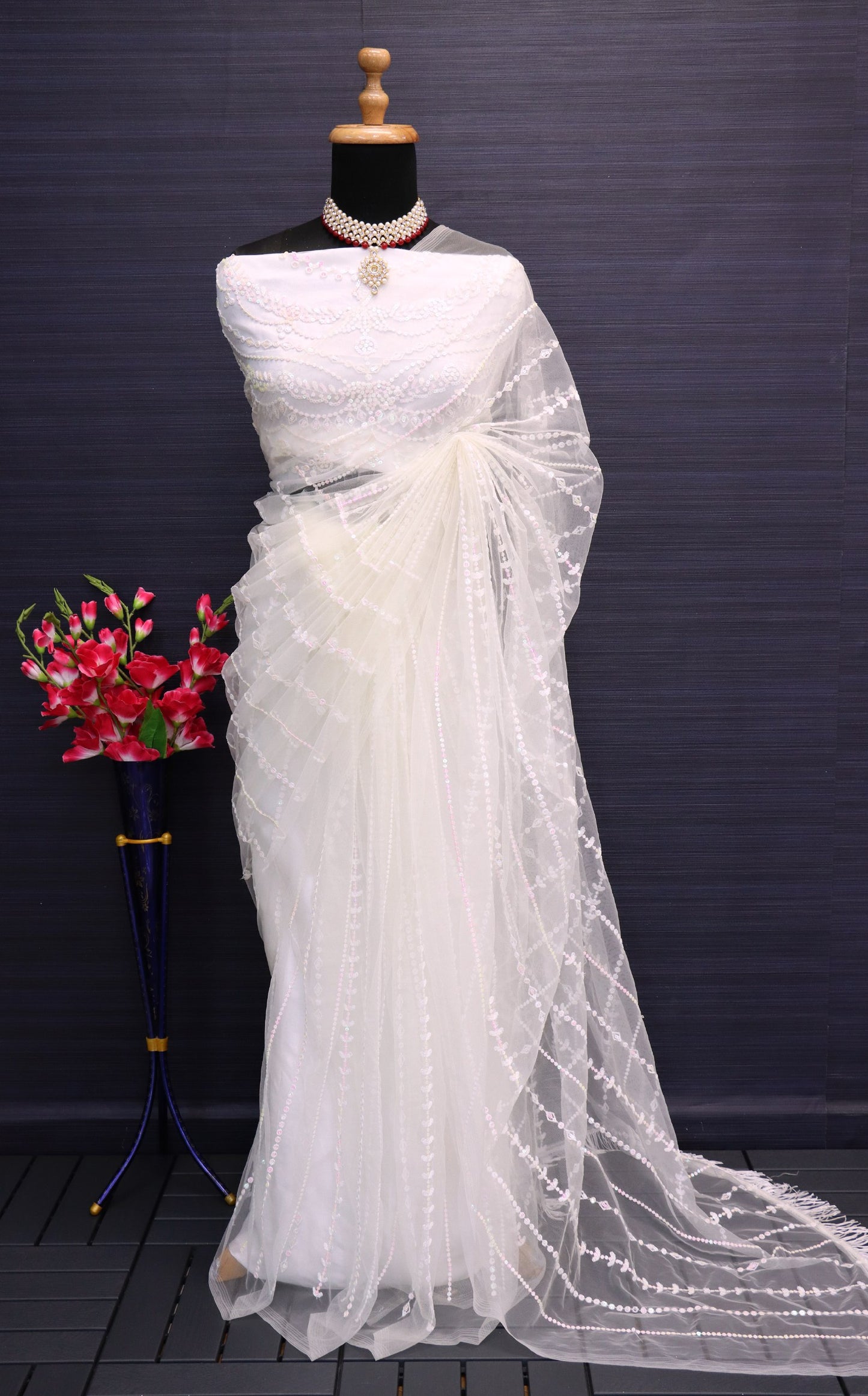 White Color Butterfly mono net  Fancy Thread work Gorgeous Saree With Blouse Piece