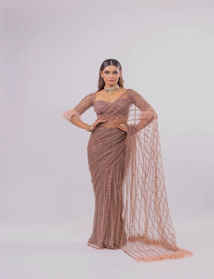 Light Brown Heavy quality Mono Net With Heavy Sequins Embroidery work Saree