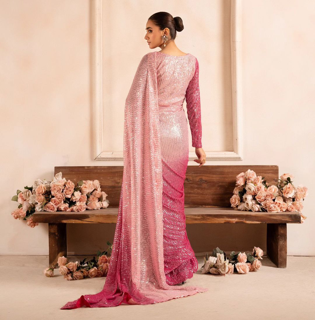 Pretty Baby Pink Color Padding Georgette Sequins Embrodery Work Saree For Women's