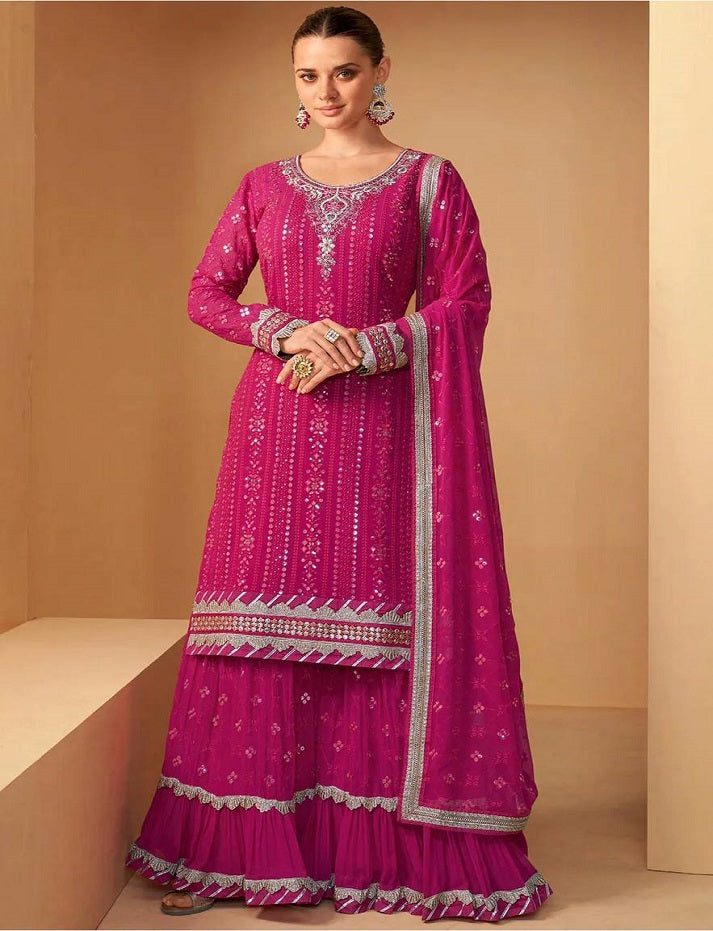 Women's Pink Faux Georgette Stitched Top with Stitched Bottom and Georgette Dupatta Full Sleeve Embroidered Straight Kurta