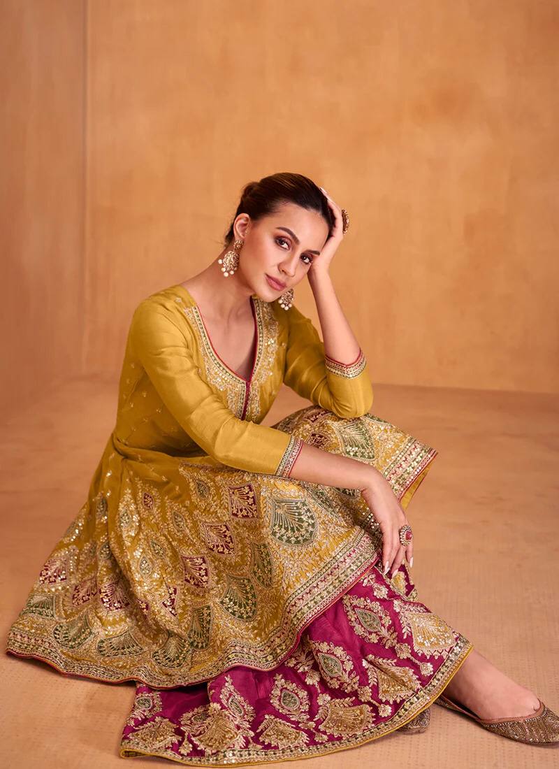 Golden Yellow and Pink Color Readymade Chinon Embroidered Kurta Palazzo Set With Embroidered Dupatta