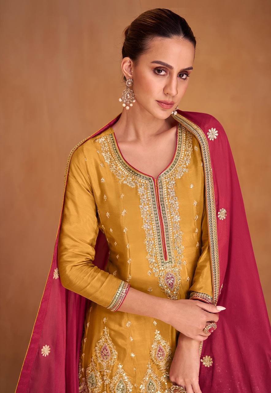 Golden Yellow and Pink Color Readymade Chinon Embroidered Kurta Palazzo Set With Embroidered Dupatta