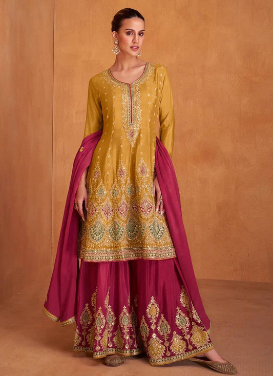 Golden Yellow and Pink Color Readymade Chinon Embroidered Kurta Palazzo Set With Embroidered Dupatta