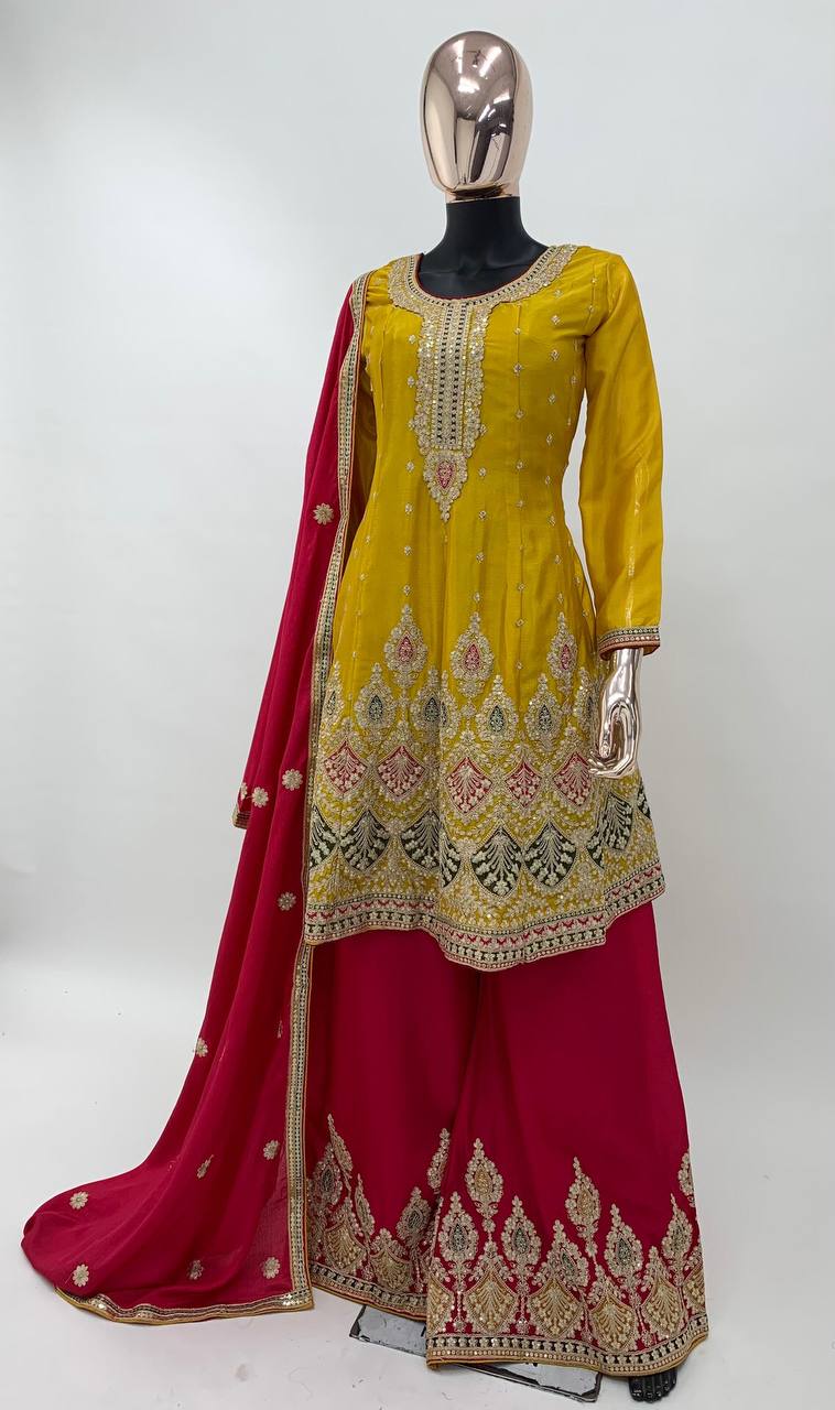 Golden Yellow and Pink Color Readymade Chinon Embroidered Kurta Palazzo Set With Embroidered Dupatta