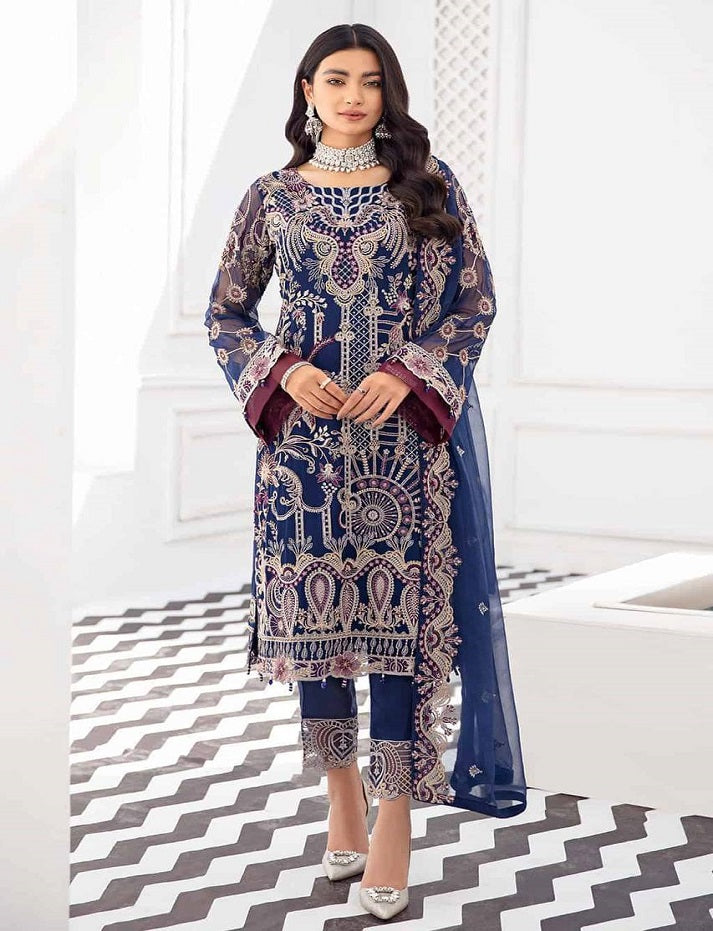 Women's Blue Faux Georgette Semi Stitched Top With Santoon Unstitched Bottom and Nazmin Dupatta Embroidery work Dress Material