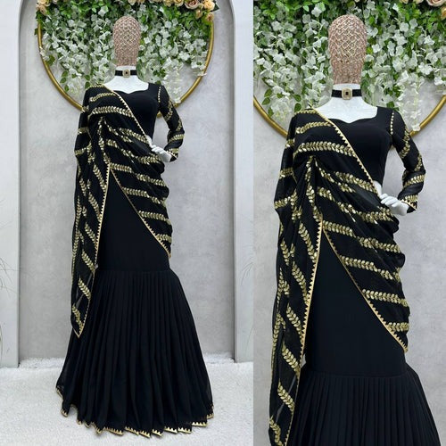 Black Color Sequence Embroidery Work Premium Designer Party Wear Lehenga Saree, With Blouse