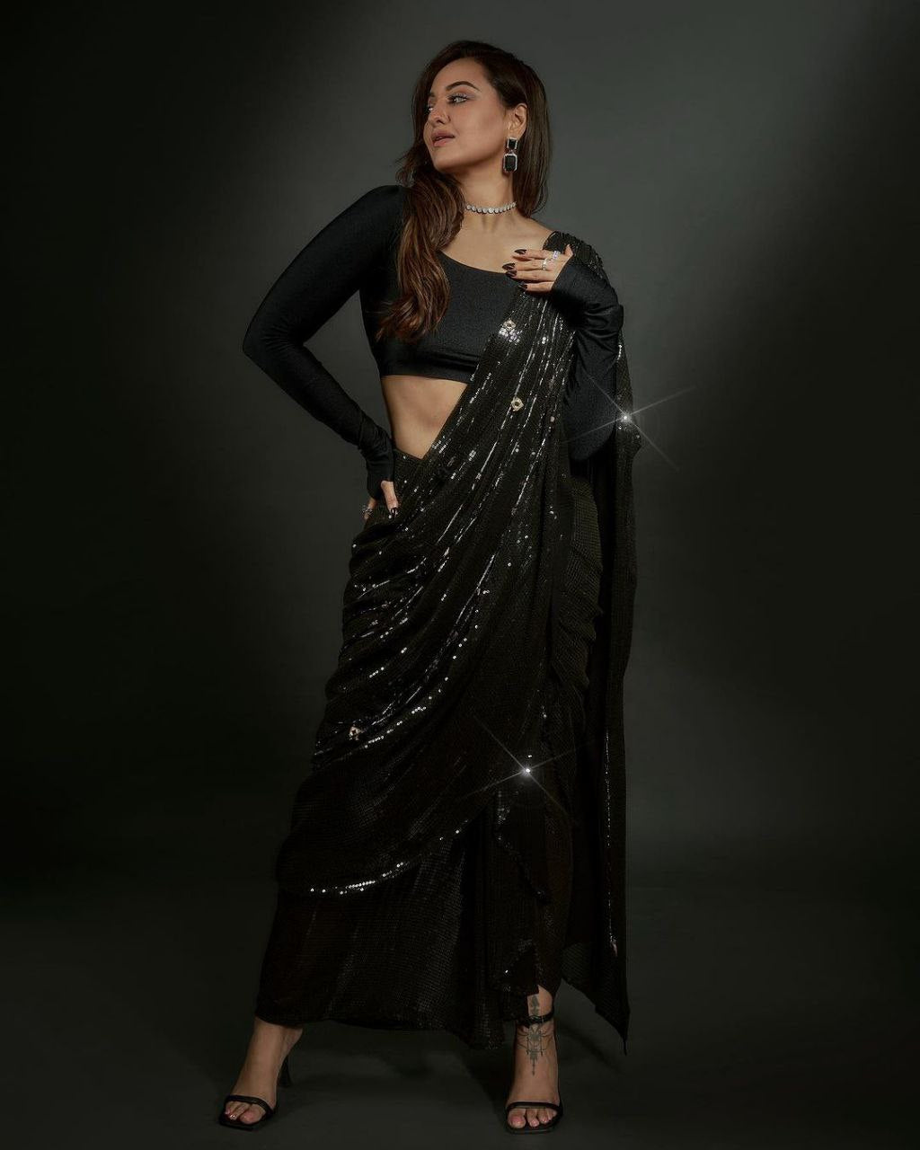 Black Georgette Embellished Sequine Embroidery Work Saree With Running Blouse For Women