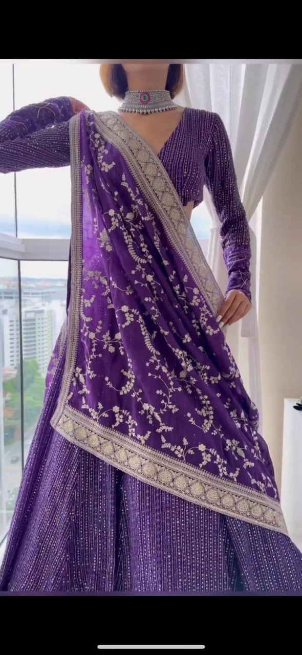 Women's Purple Faux Georgette With Sequence Embroidery Thread Work wedding Wear Lehenga Choli